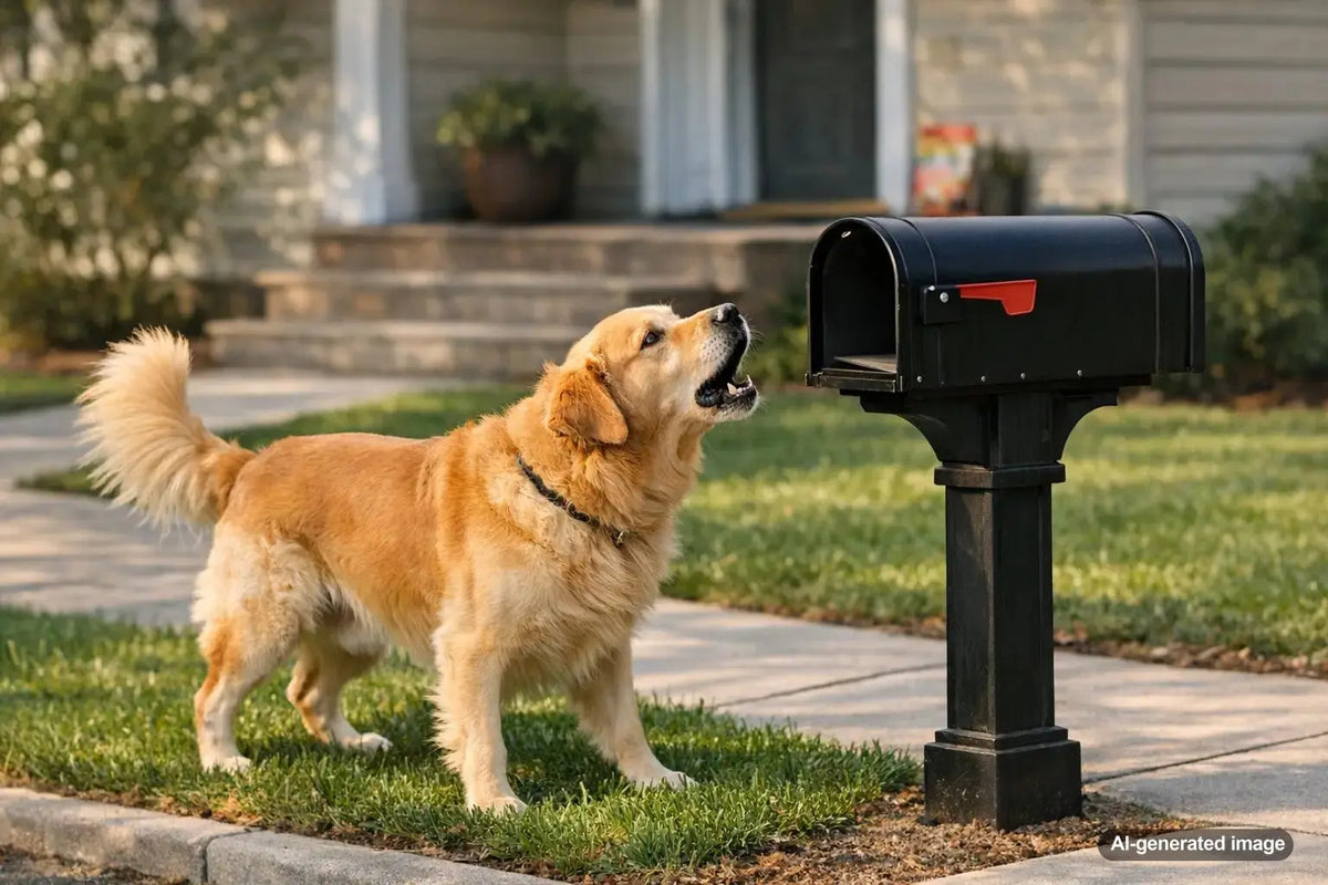 Dog barking at a mailbox during a neighborhood walk
