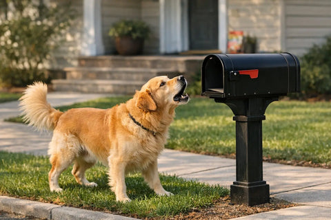 Dog barking at a mailbox during a neighborhood walk