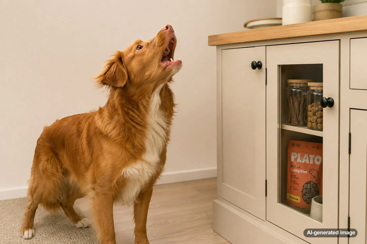 Excited dog barking near a treat cabinet while waiting for healthy Plato dog treats