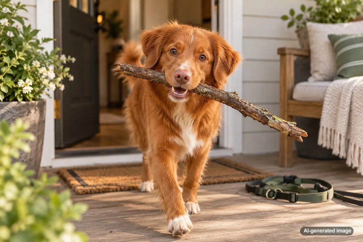 Dog proudly carrying a stick home during a neighborhood walk