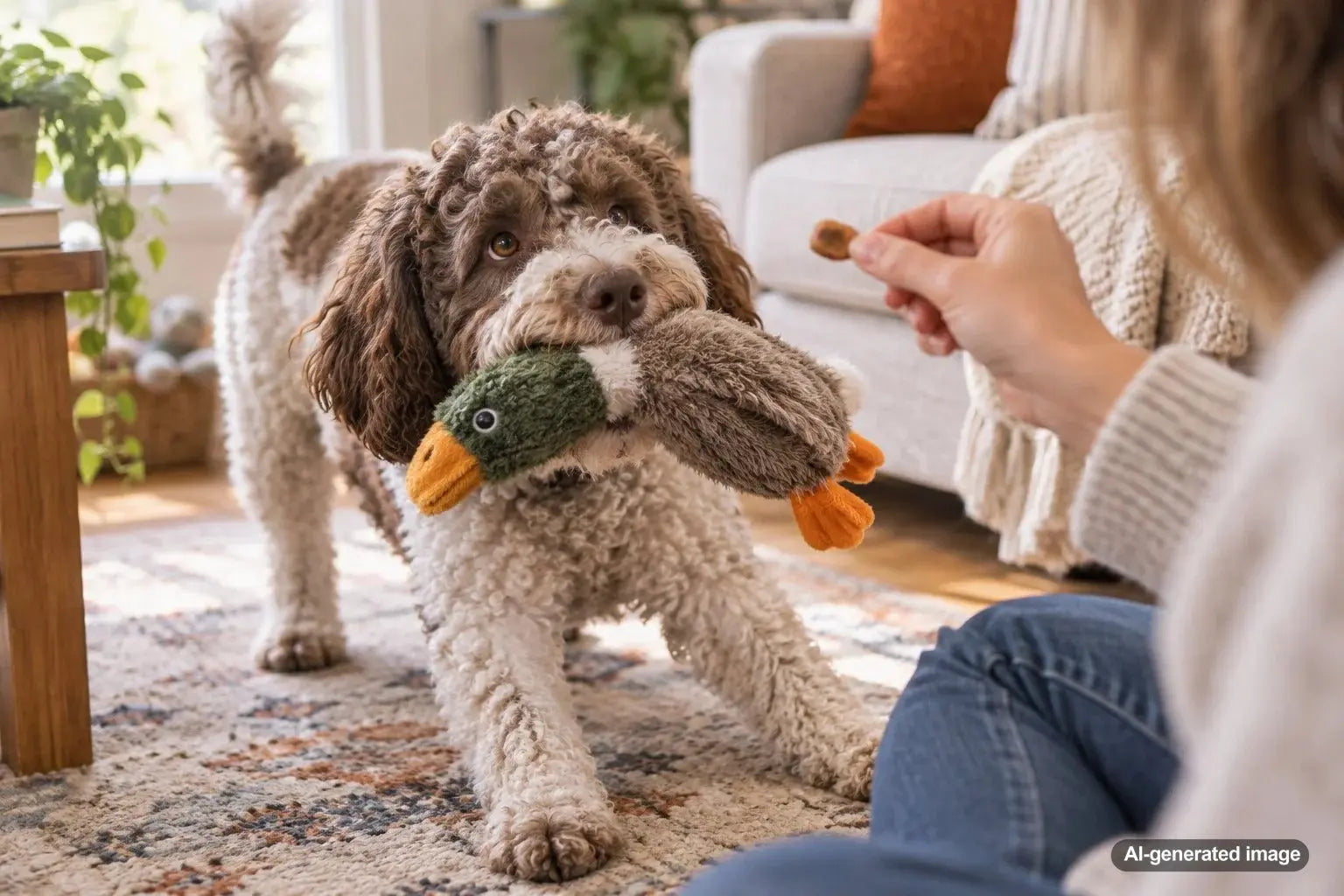 Playful dog holding onto a toy while inviting its owner to interact