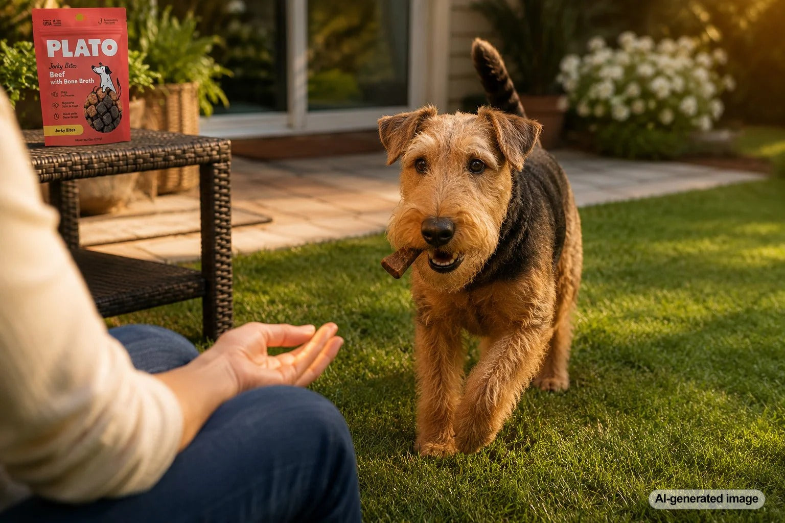 Happy dog proudly carrying a favorite treat to its owner like a tiny trophy