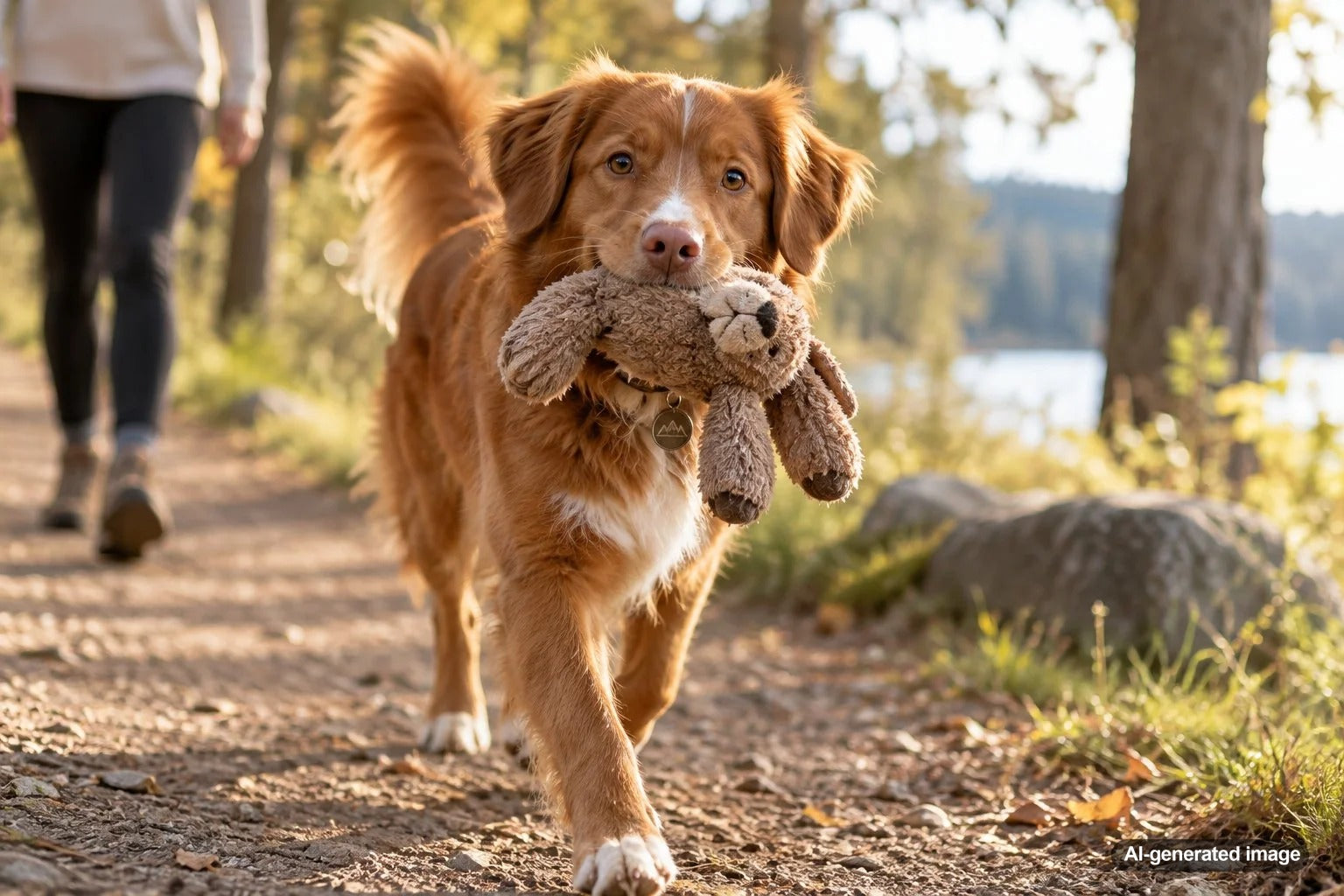 Dog carrying a favorite toy around the home