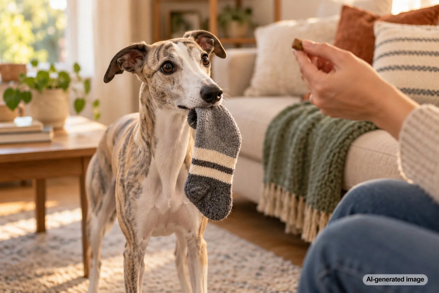 Dog gently carrying a sock around the house without chewing it