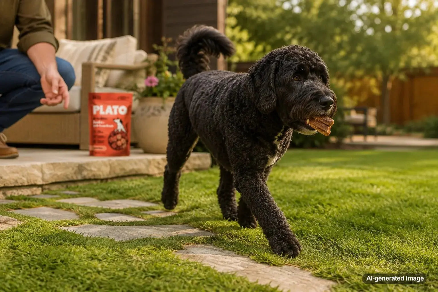 Dog carrying a treat to another room before settling down to eat it