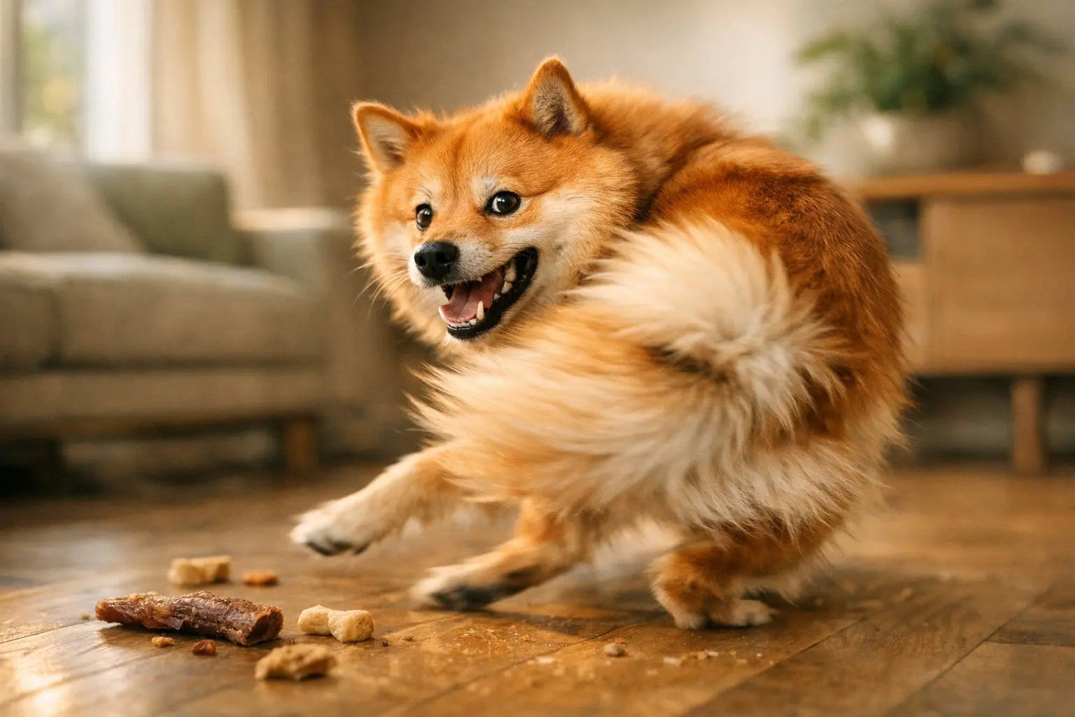 Curious dog spinning in a grassy yard while chasing its tail clockwise