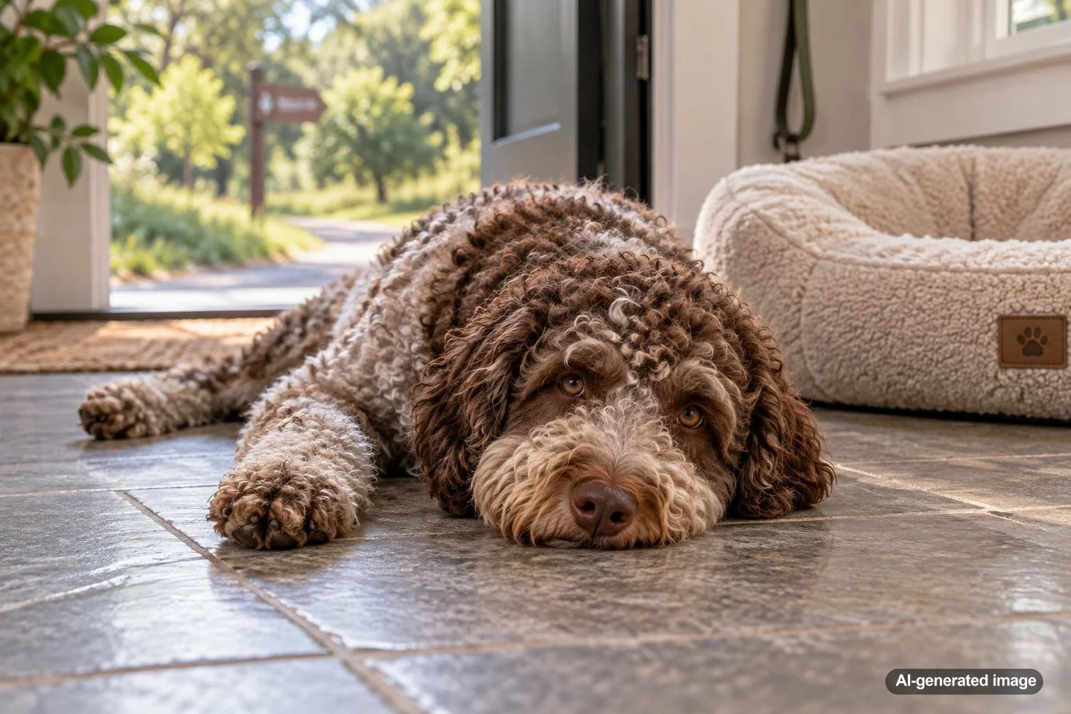 Dog resting comfortably on a cool floor instead of a soft pet bed