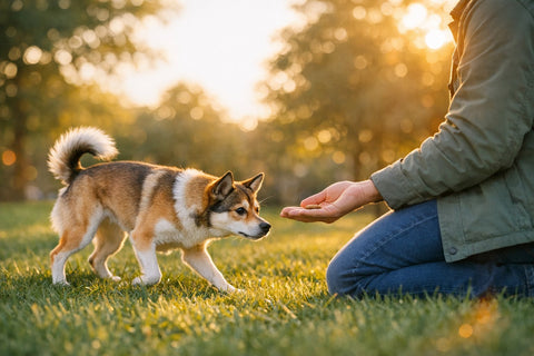 Dog circling a stranger during a first greeting to assess safety and comfort