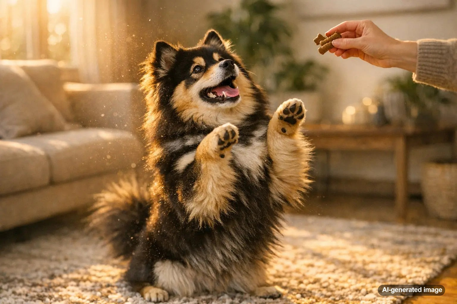 Happy dog dancing with excitement for Plato Pet Treats