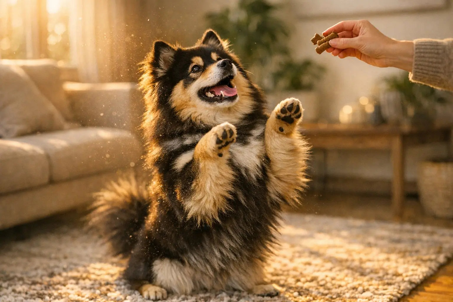 Happy dog dancing with excitement for Plato Pet Treats
