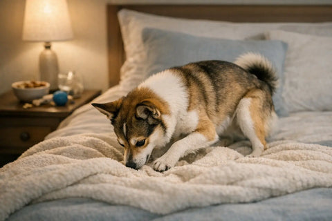 Dog digging at blankets before sleep in a cozy home setting