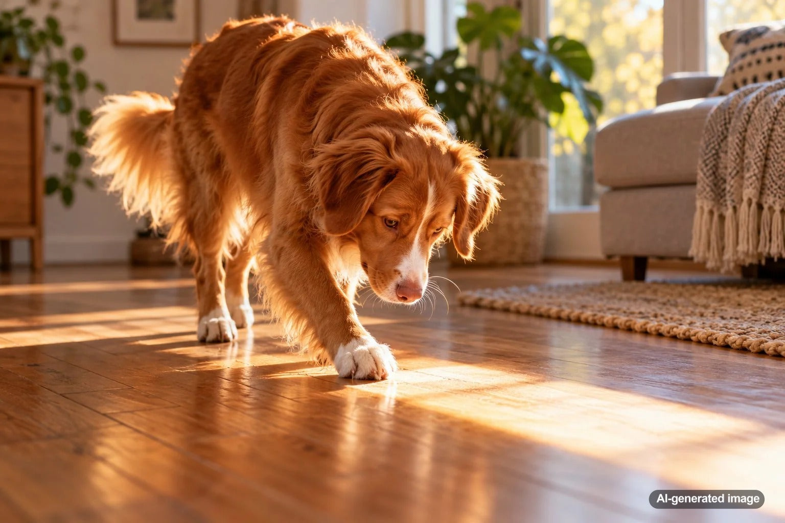 Dog relaxing in a warm sunbeam moving across the floor inside a home