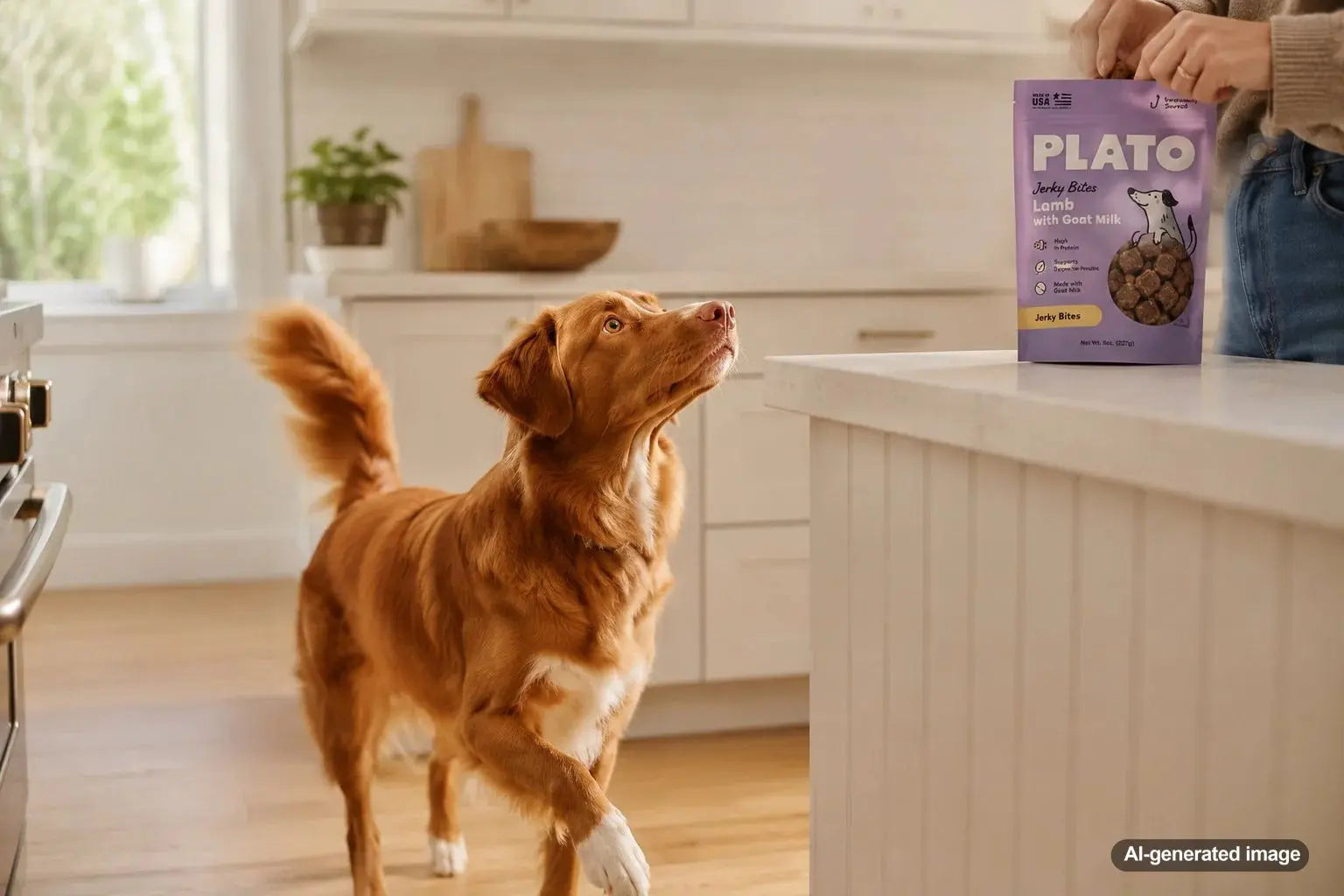 Dog eagerly following a pet owner into the kitchen after hearing a snack bag open