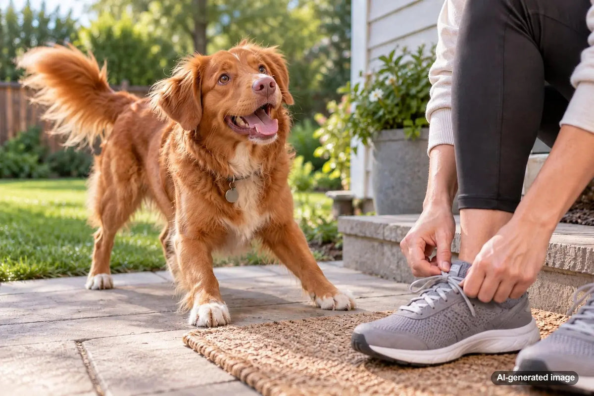 Excited dog watching its owner put on shoes before a walk