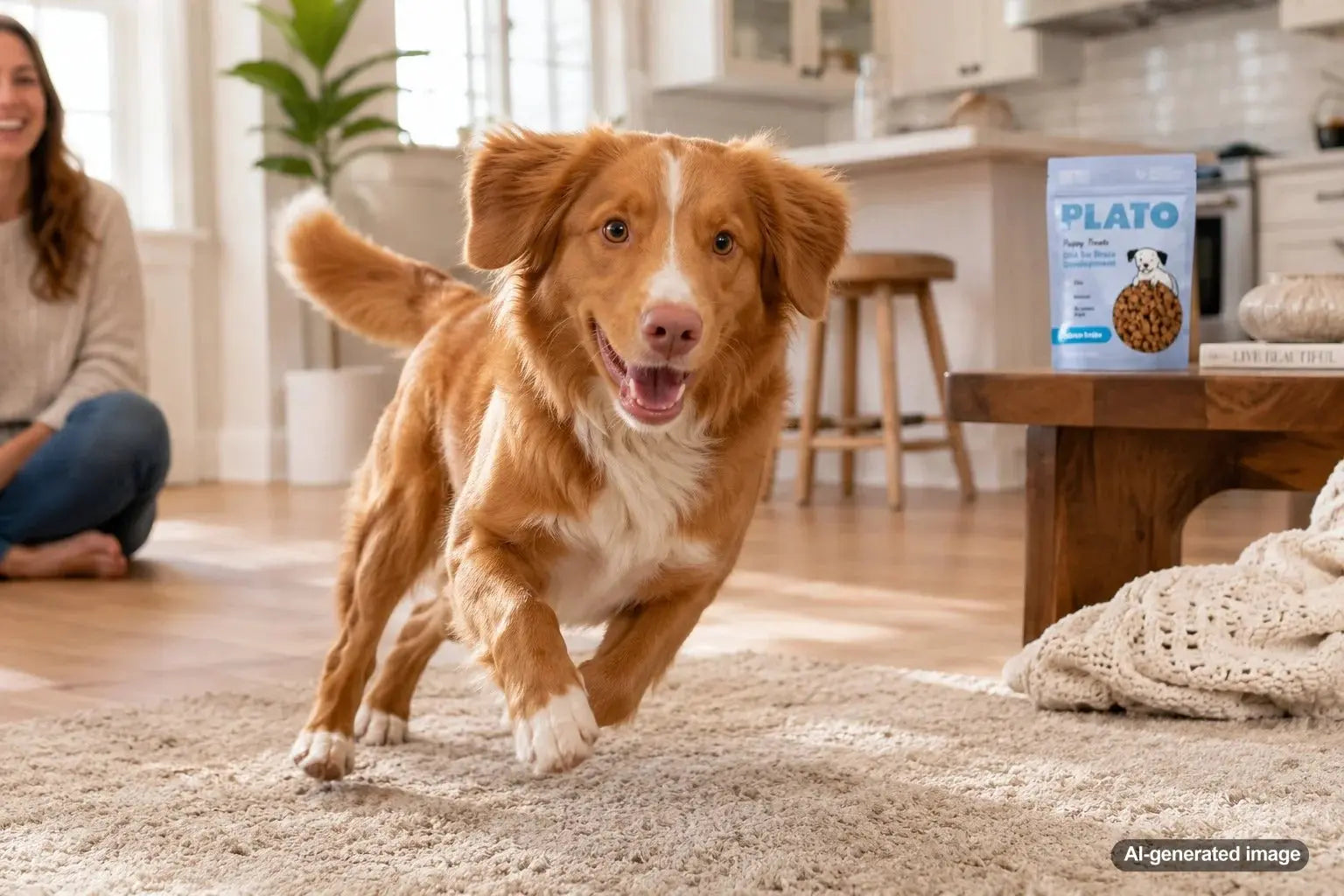 Happy dog getting the zoomies after enjoying a really good snack