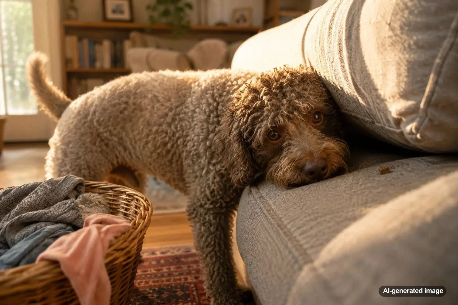 Dog hiding a favorite treat between couch cushions at home