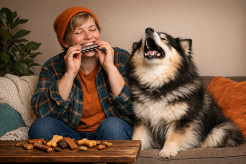Dog howling along with a harmonica in a cozy home setting