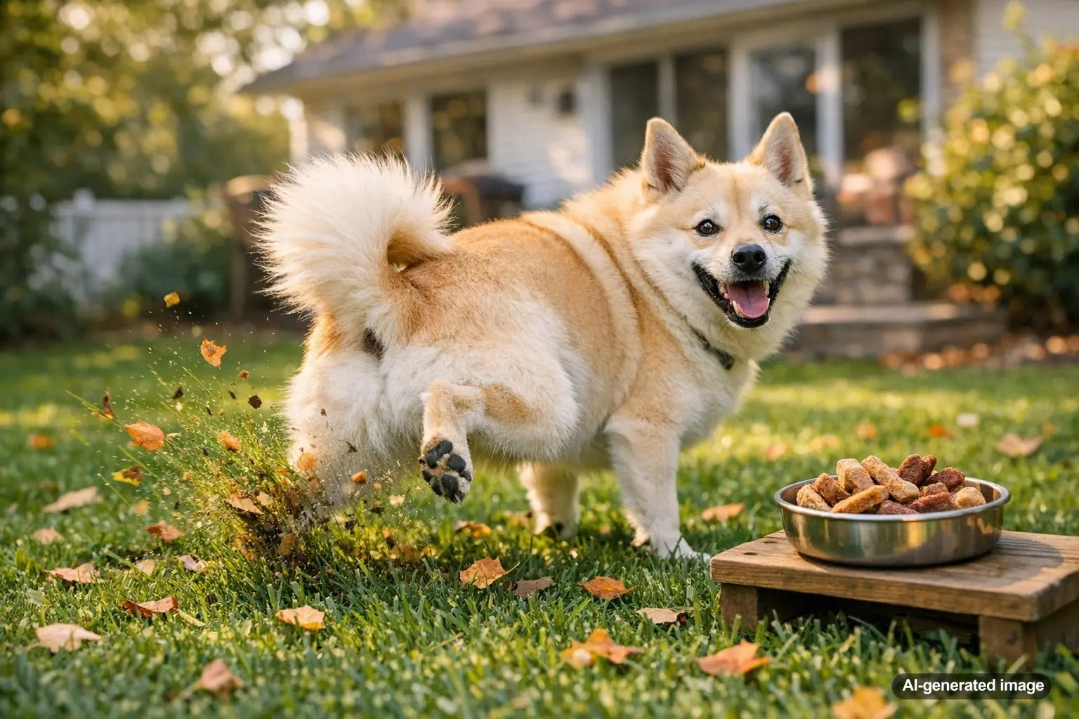Dog kicking grass after pooping in a backyard