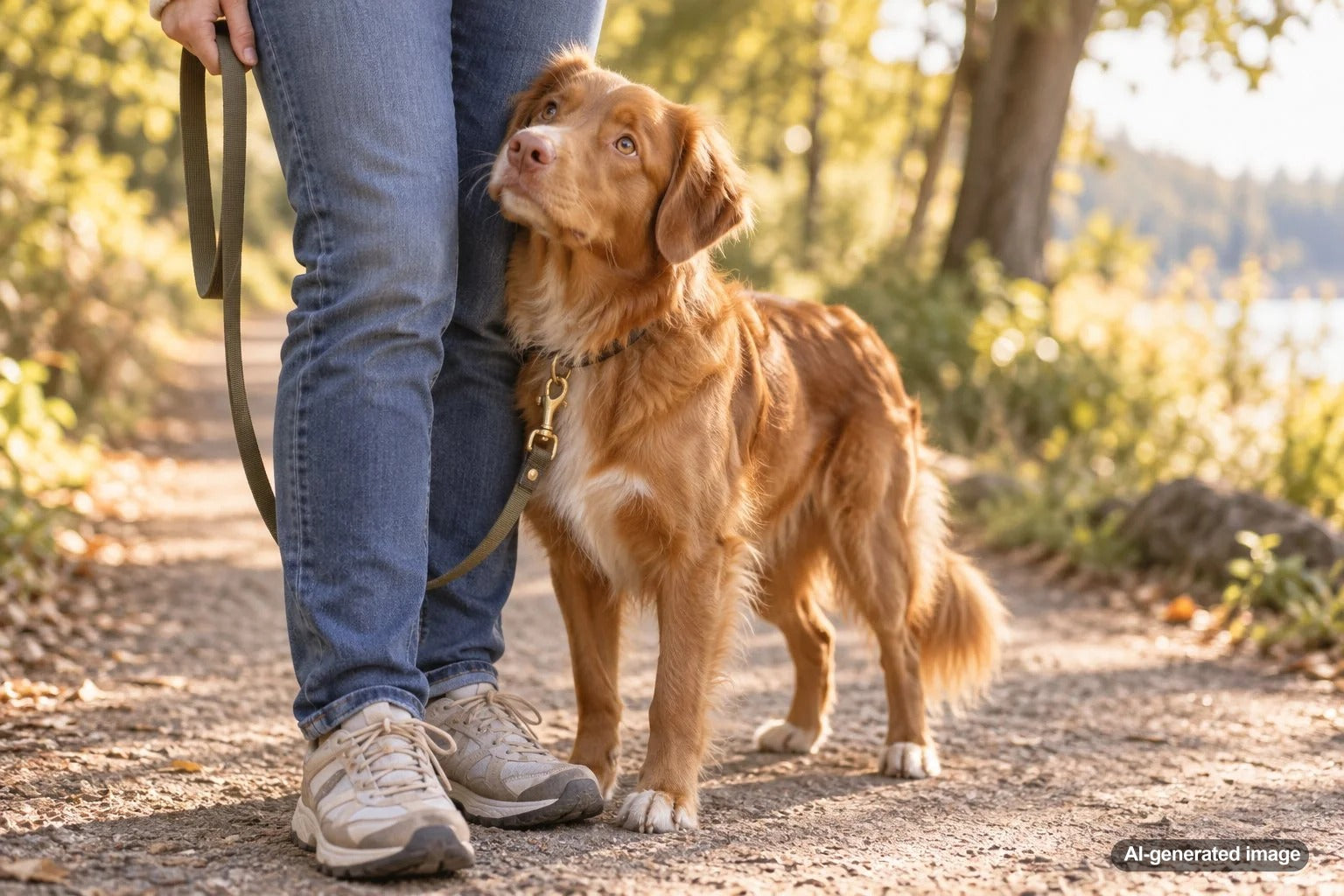 Dog affectionately leaning against its owner's legs during a pause on a walk