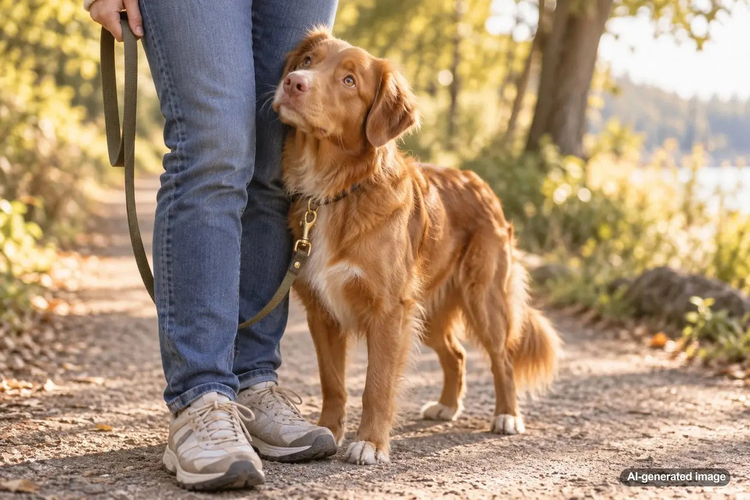 Dog affectionately leaning against its owner's legs during a pause on a walk
