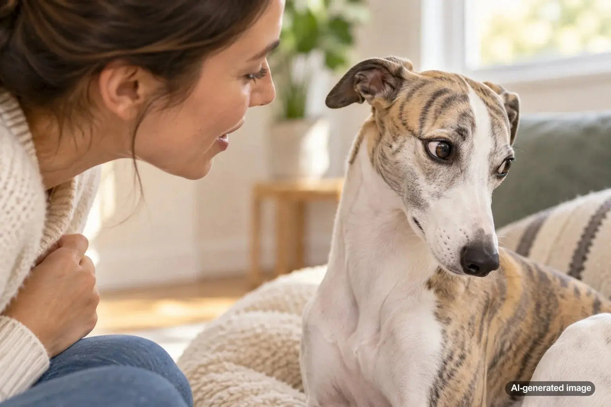 Dog looking away during a close face-to-face interaction with its owner