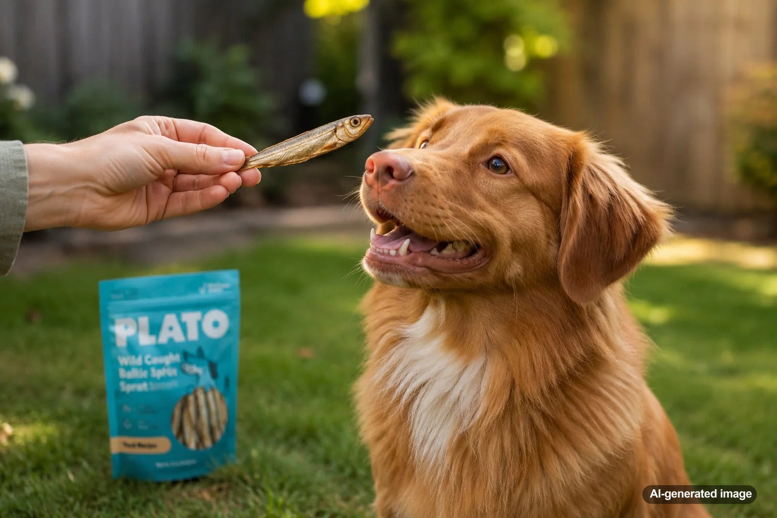 Dog enjoying fish-based treats from Plato Pet Treats