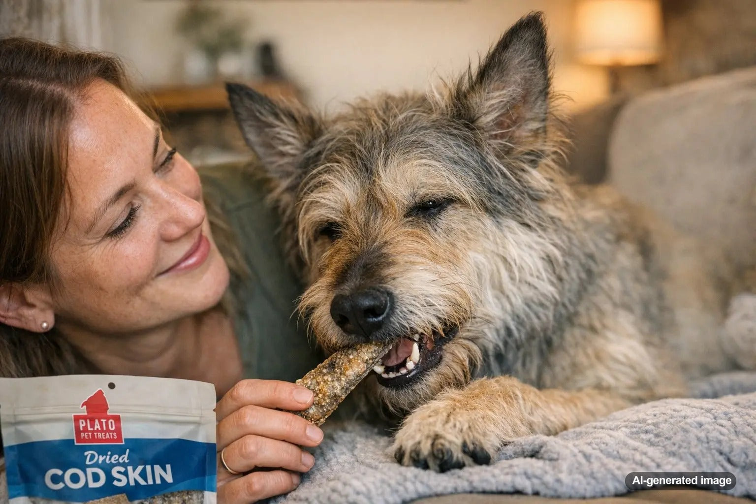 Dog enjoying crunchy dried cod skin treats from Plato Pet Treats