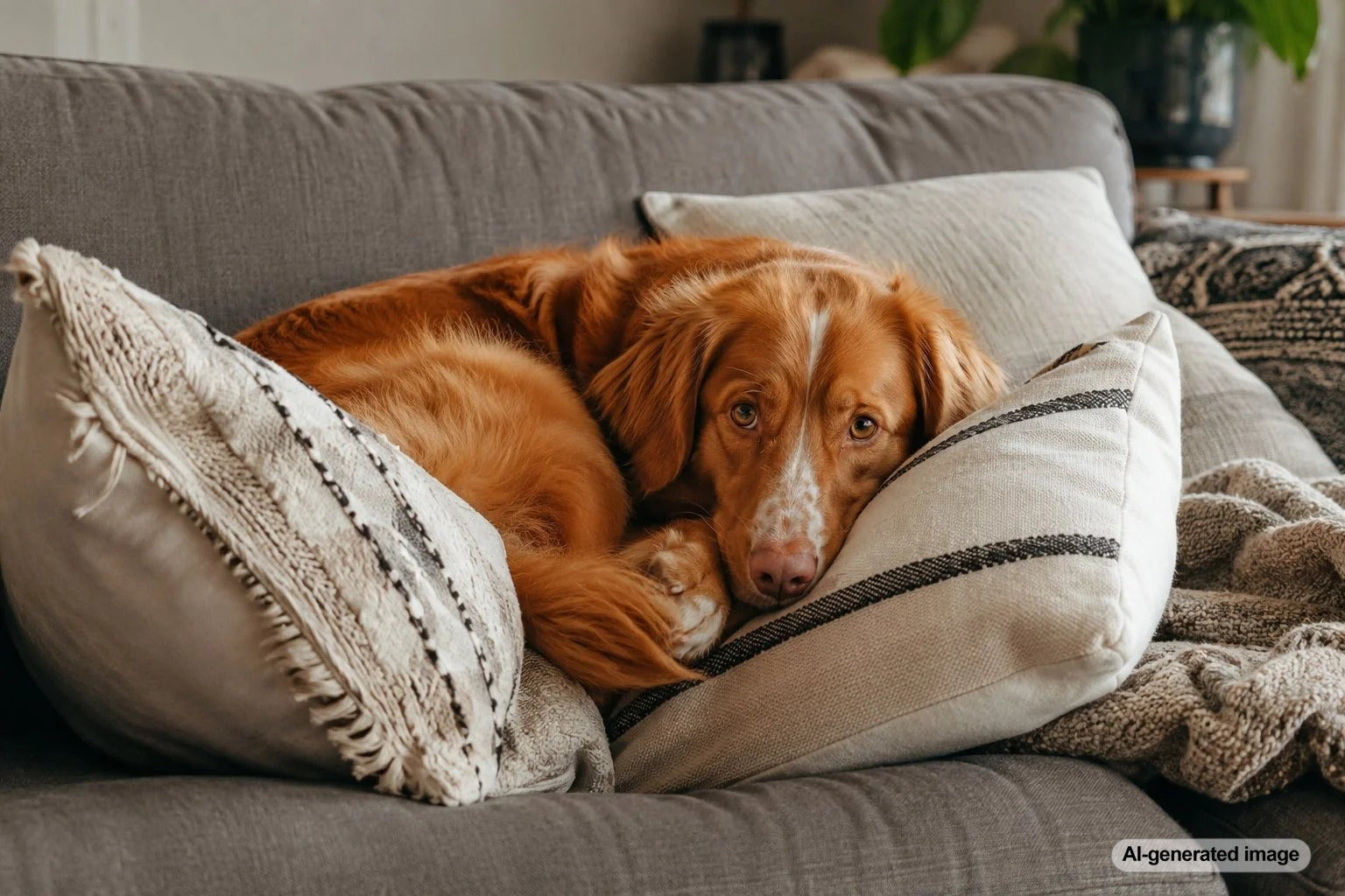 Dog making a cozy nest out of couch pillows before settling down to rest