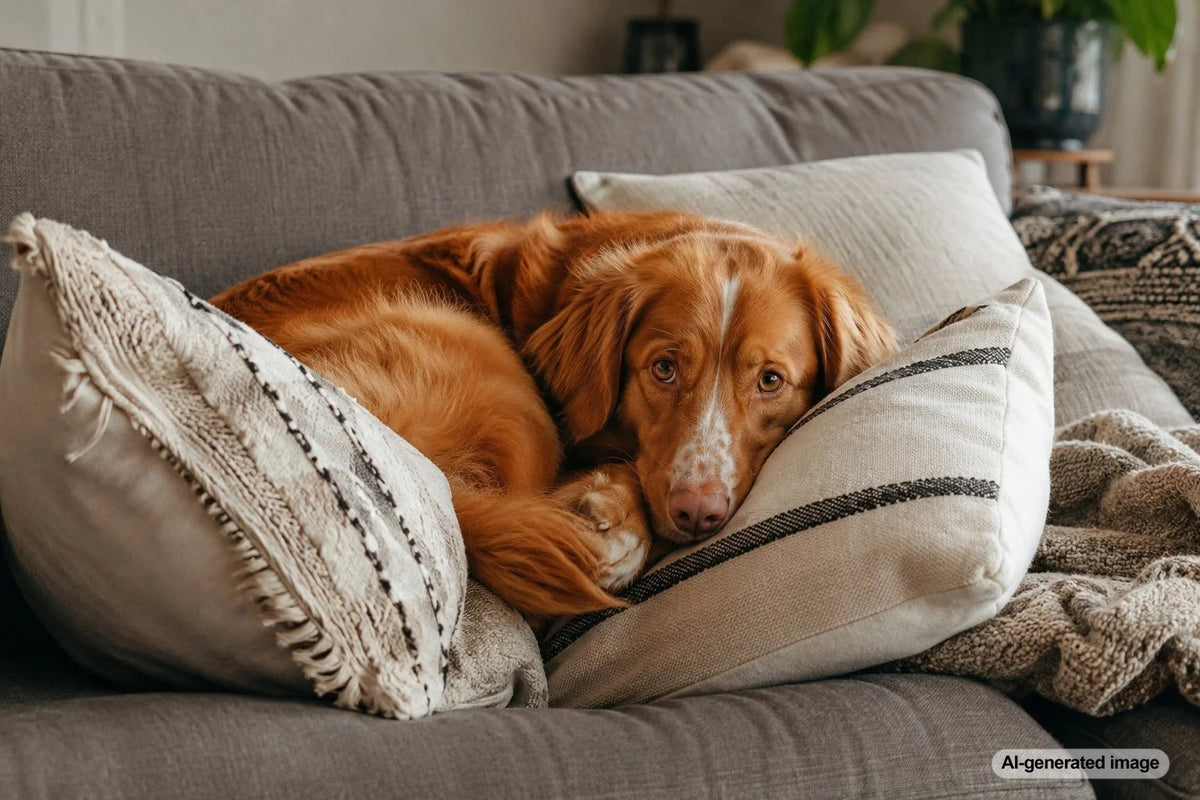 Dog making a cozy nest out of couch pillows before settling down to rest