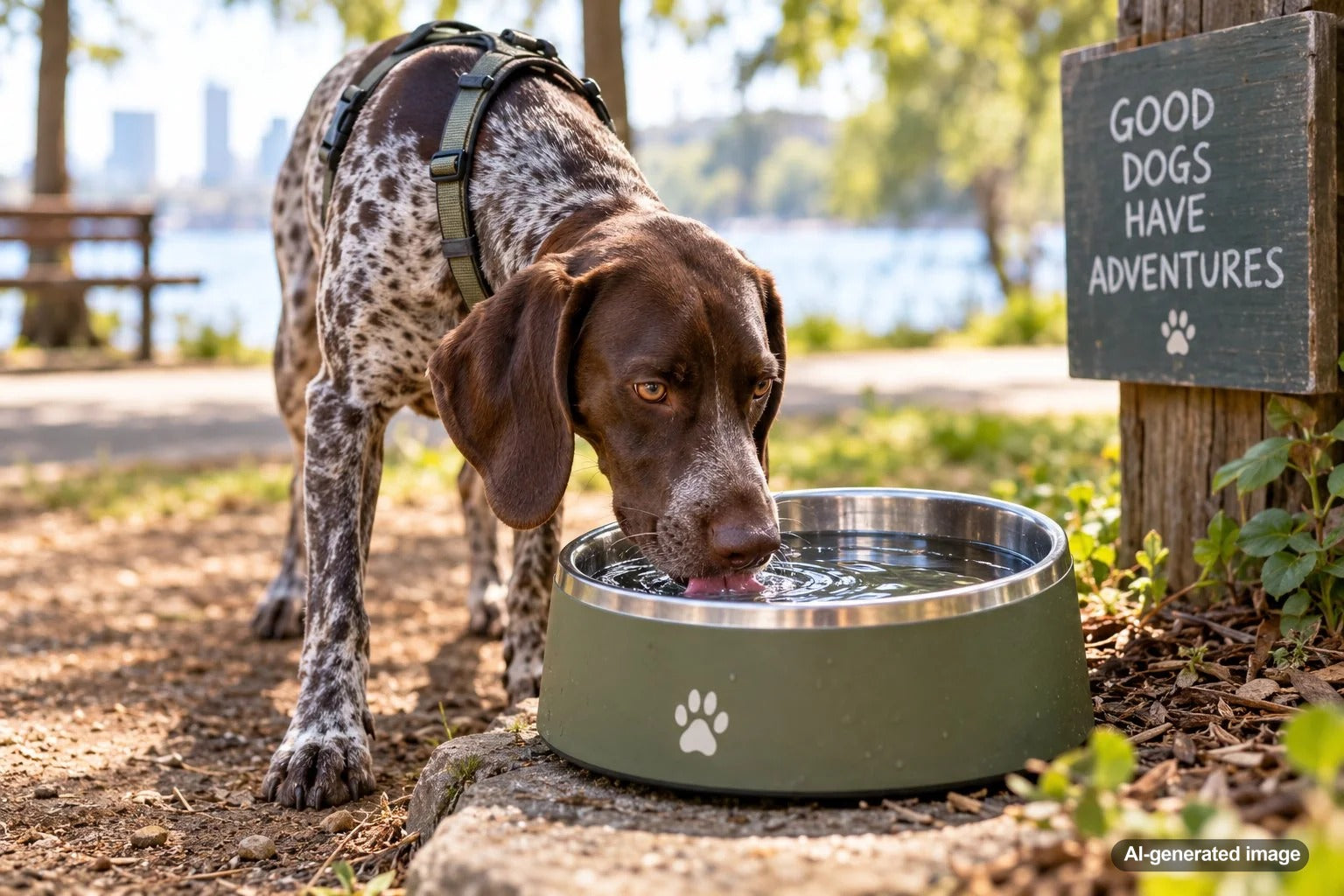 Dog drinking fresh water from an outdoor water bowl after playing outside