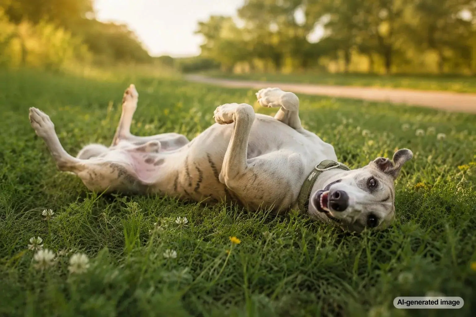 Dog happily rolling on its back in green grass outdoors