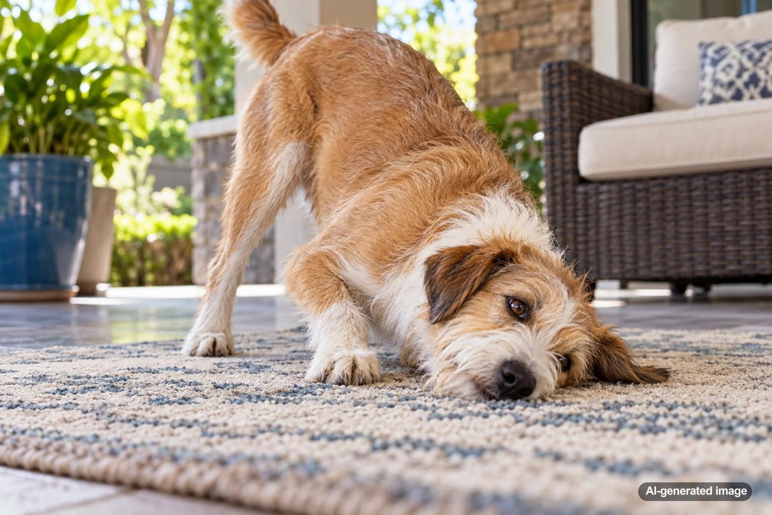 Dog rubbing its face against a carpet after eating, illustrating common post-meal grooming behavior