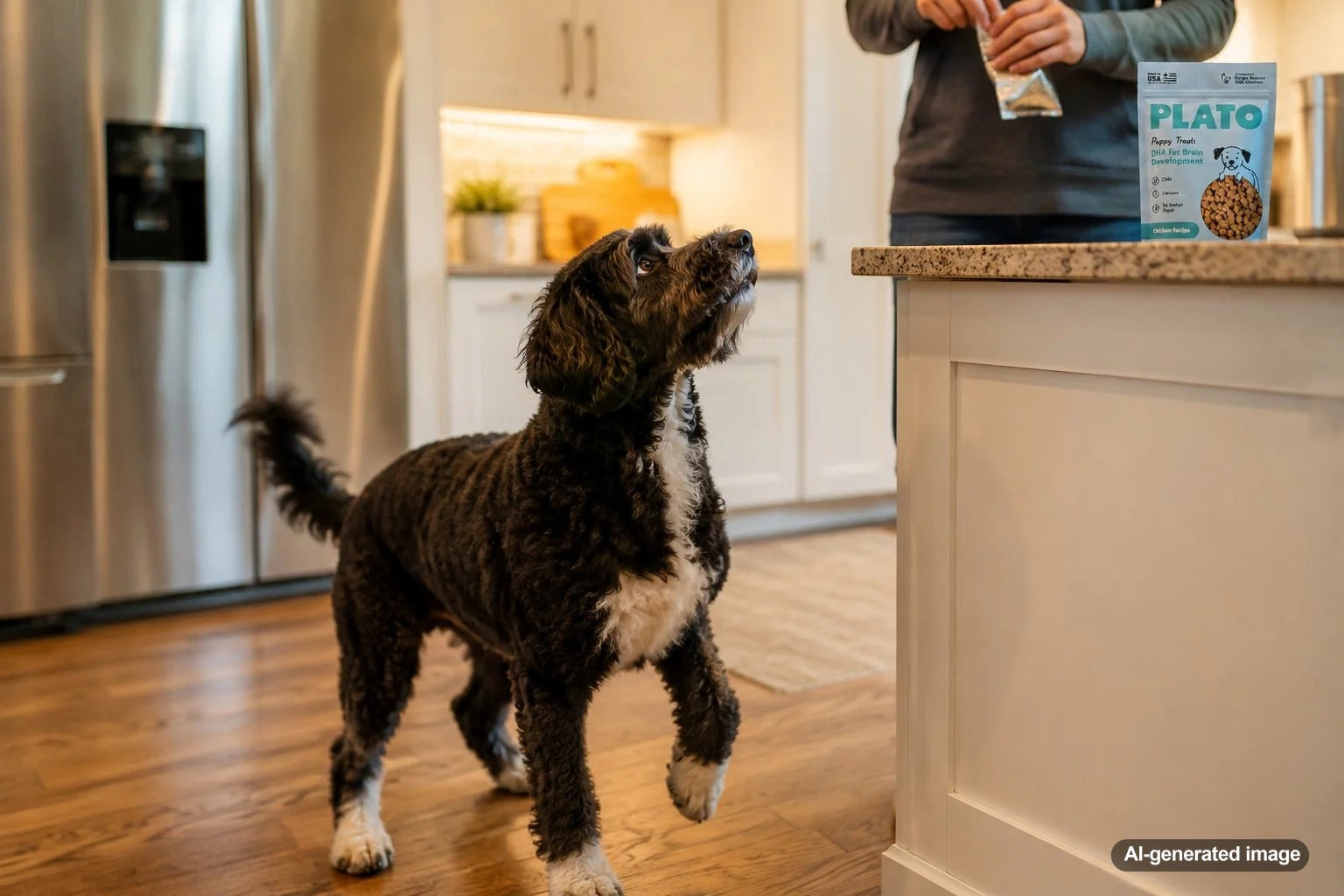 Dog eagerly running toward the kitchen after hearing a treat wrapper crinkle