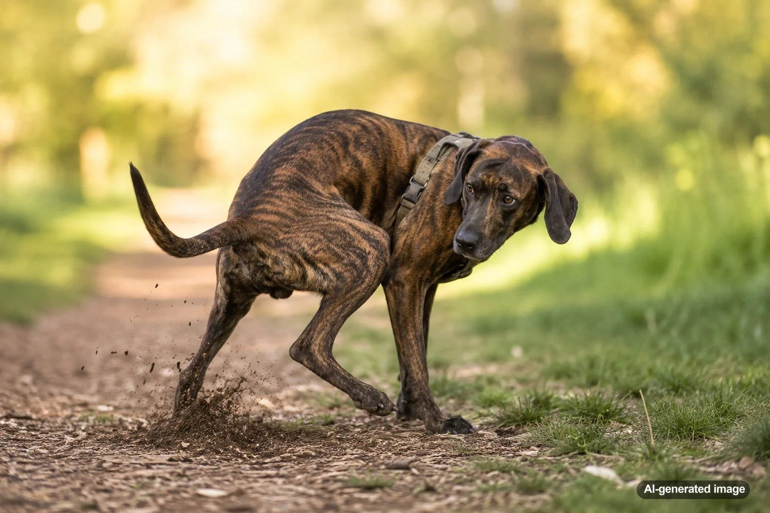 Dog scratching the ground with its back paws after pooping outdoors