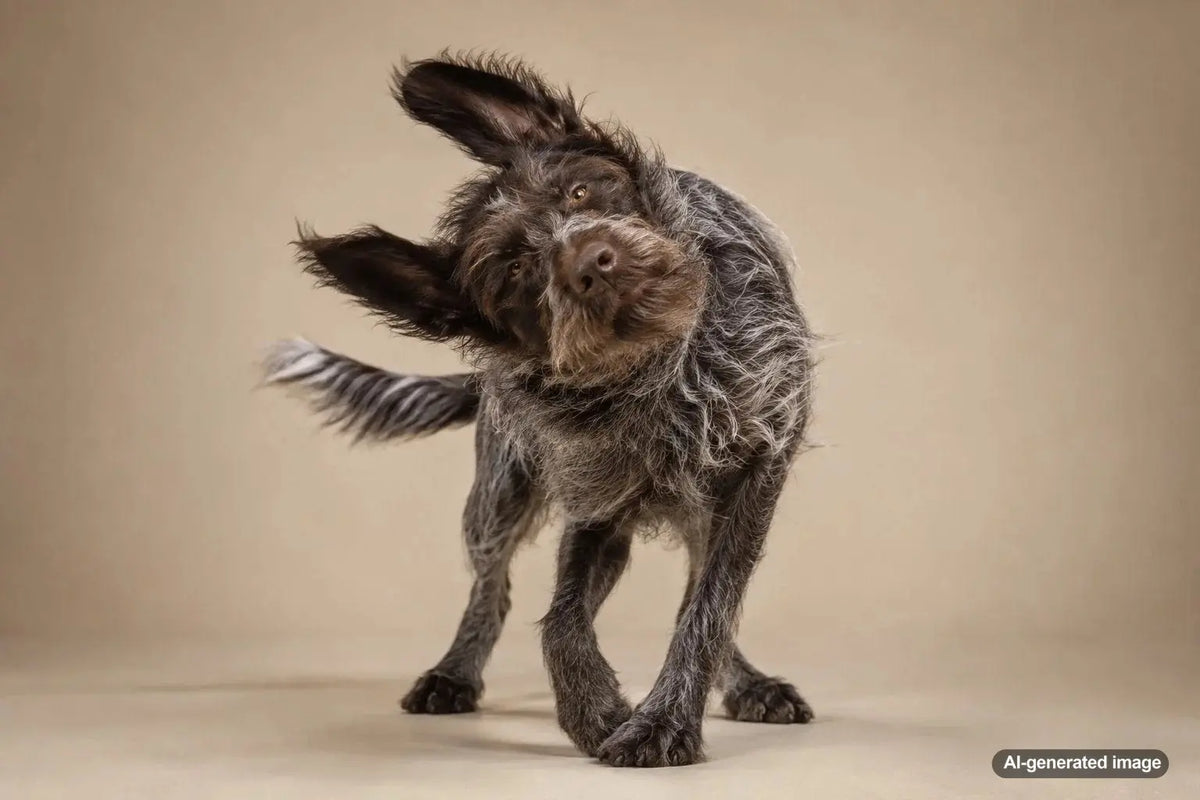 Dog performing a full-body shake while dry, illustrating why dogs shake off when they are not wet