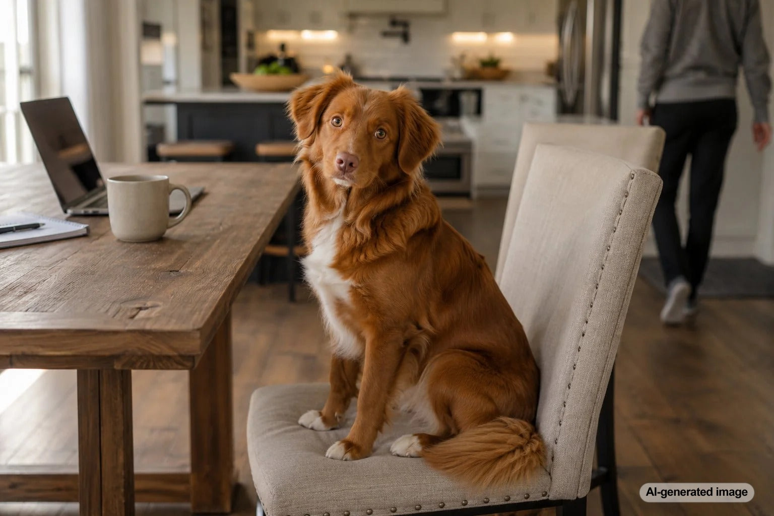 Dog sitting comfortably in its owner's spot on the couch moments after the owner stands up
