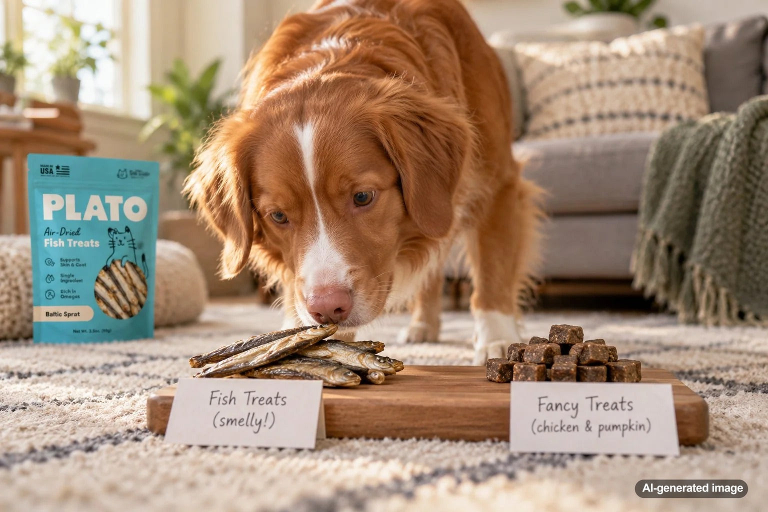 Dog eagerly choosing an aromatic treat over decorative fancy dog biscuits