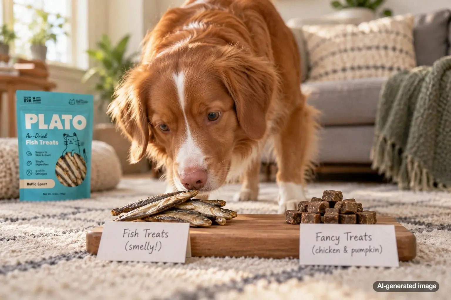 Dog eagerly choosing an aromatic treat over decorative fancy dog biscuits