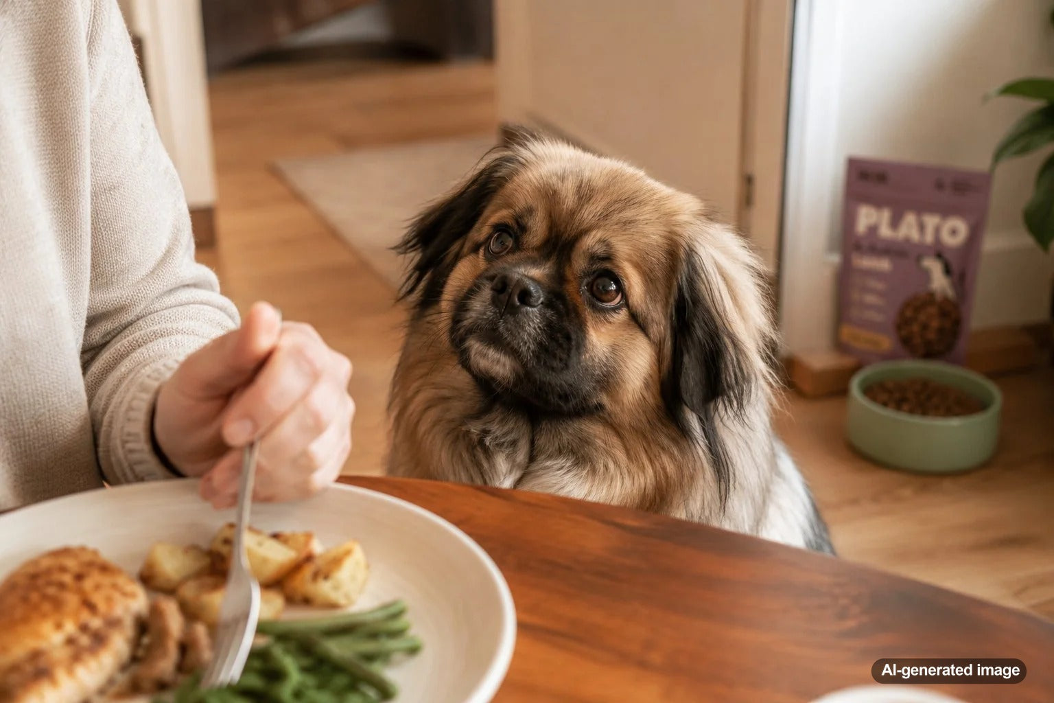 Dog staring hopefully at a person eating while its own food bowl remains untouched