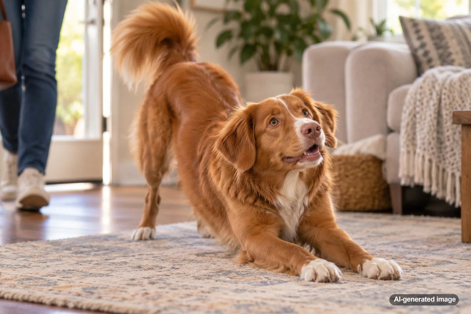 Happy dog stretching its front legs while greeting its owner at home