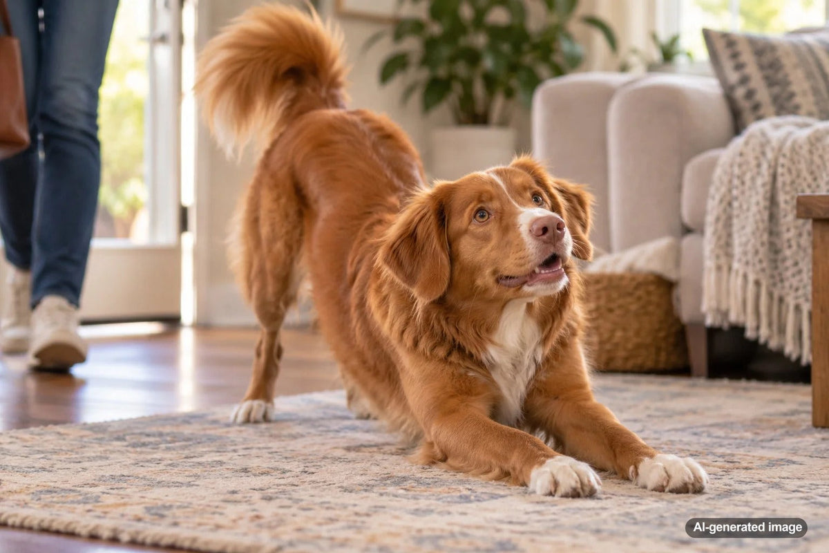 Happy dog stretching its front legs while greeting its owner at home
