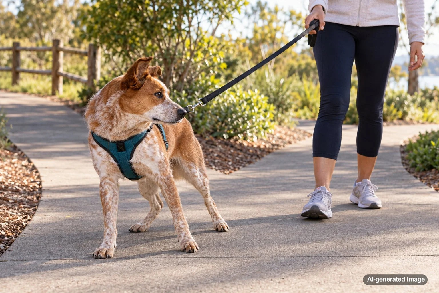 Dog stopping on a neighborhood sidewalk and hesitating to continue walking in one direction while on a leash