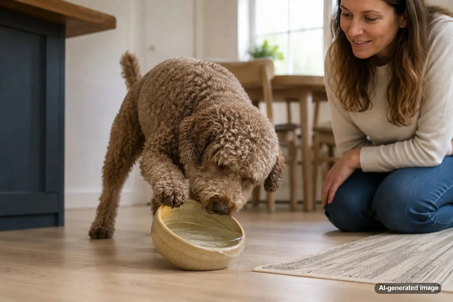 Dog tilting a water bowl before drinking with a playful splash