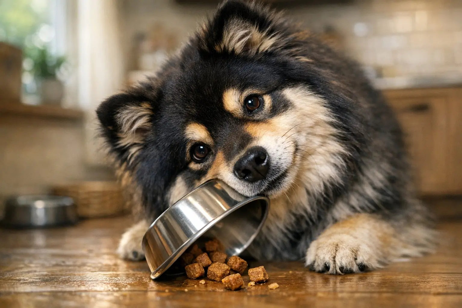 Dog nudging and tilting food bowl with nose during mealtime