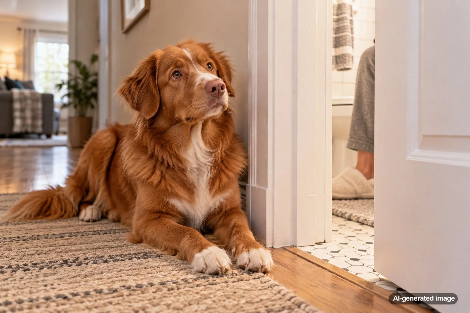 Dog patiently waiting outside a closed bathroom door at home