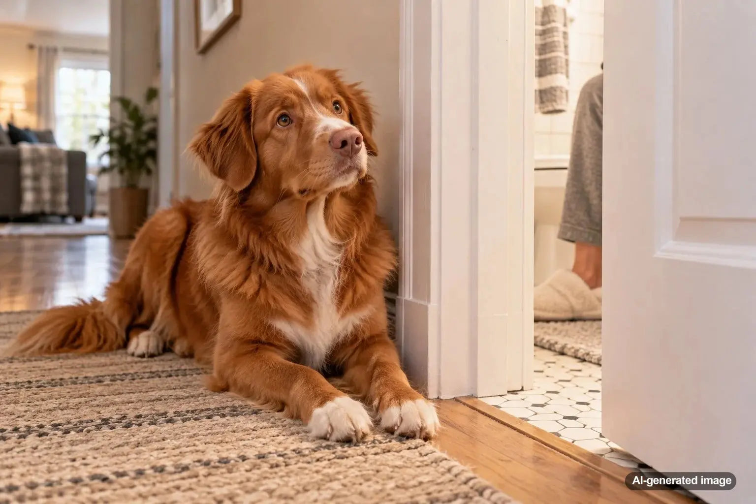 Dog patiently waiting outside a closed bathroom door at home
