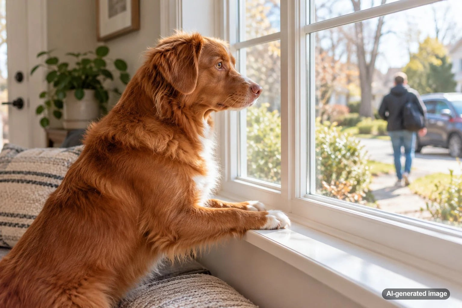 Dog watching its owner leave through a window, illustrating canine attachment, curiosity, and departure behavior