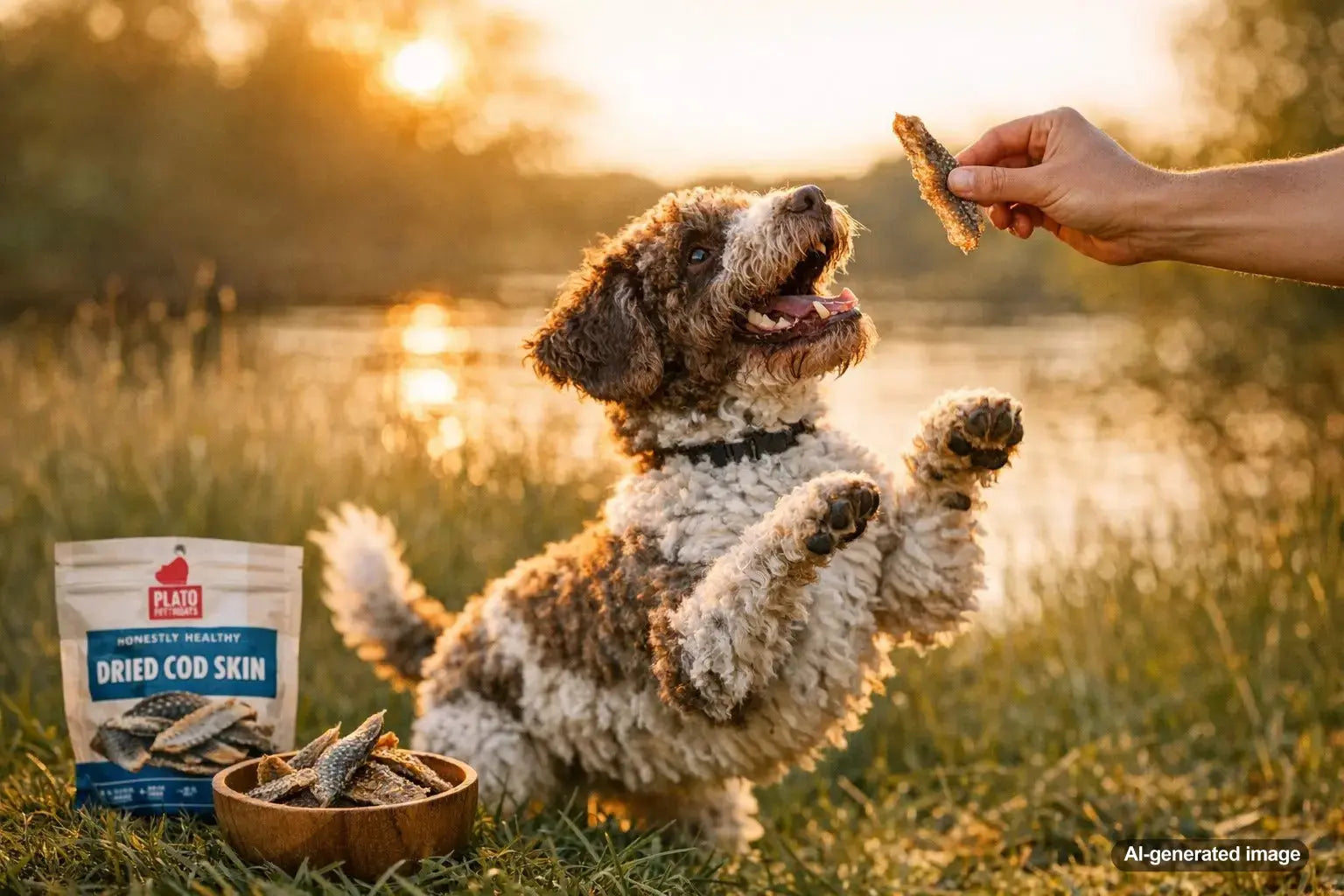 Dried cod skin for dogs and fish skins for dogs as crunchy omega-rich Plato Pet Treats