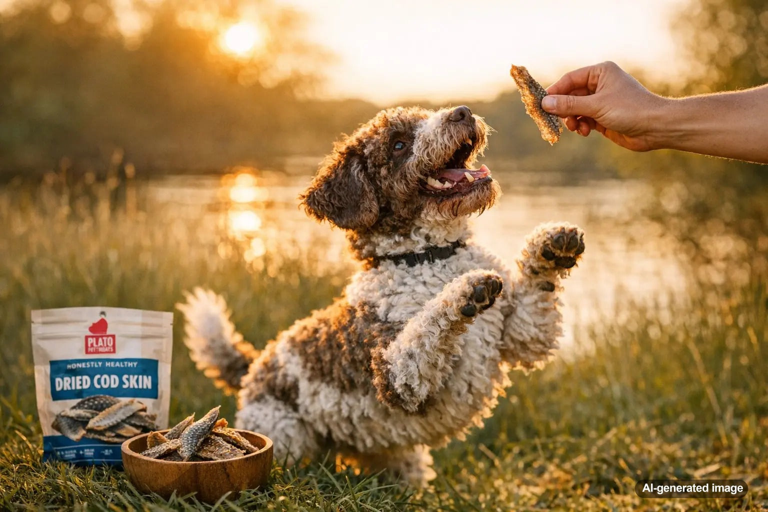 Dried cod skin for dogs and fish skins for dogs as crunchy omega-rich Plato Pet Treats