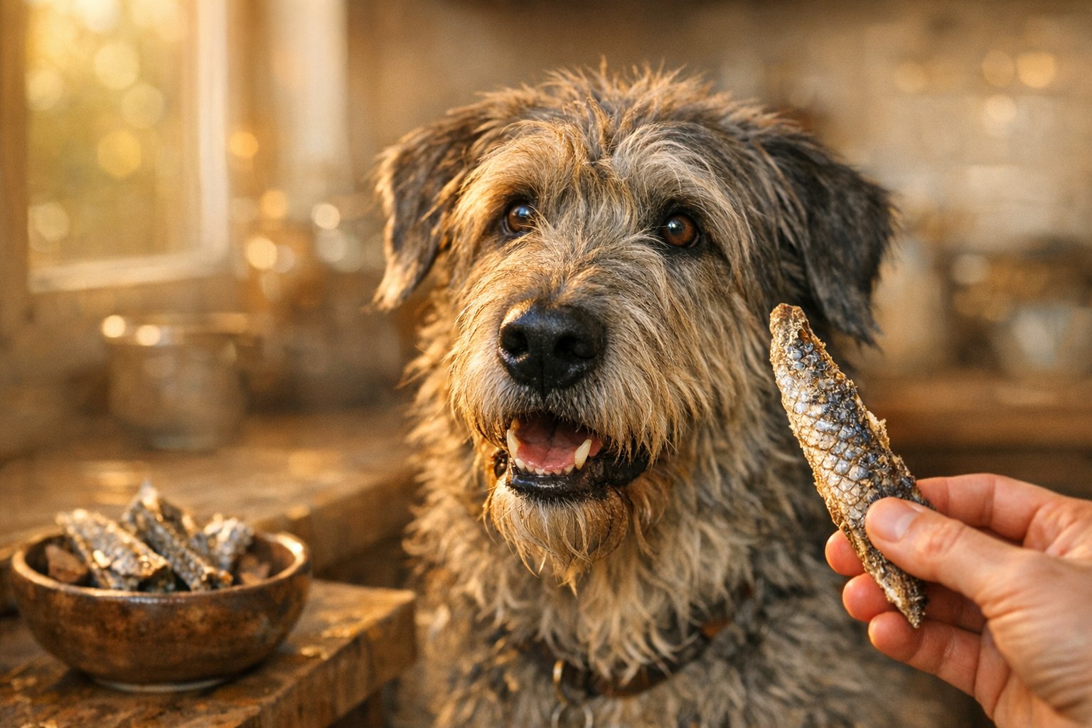 Dog enjoying crunchy fish skin treat rich in omega fatty acids